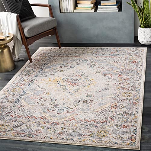 Surya Casablanca Vintage Teppich groß - Teppich Wohnzimmer 200x274 cm, Esszimmer, Schlafzimmer - Orientalischer Teppich Boho Style - Carpet Living Room, Bunter Muster, Taupe und Creme