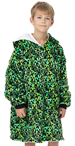 Minecraft Boys Oversized Blanket Hoodie | Boys Creeper Villain Enemy Double Lined Sherpa Fleece Green Sweater | One Size Sweater Big Pocket