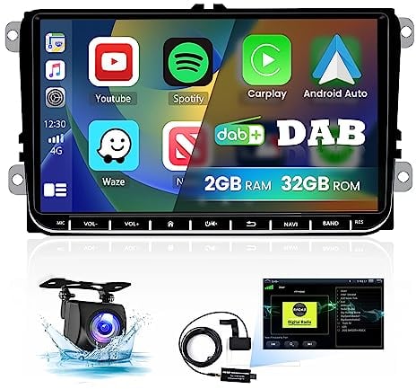 DAB DAB+ Autoradio für VW Golf 5 Golf 6 Polo Passat Skoda Seat, Wireless Carplay Android Auto, 2+64GB Android Autoradio 9 Zoll Touch Screen Auto Radio mit Bluetooth GPS FM RDS USB Rückfahrkamera