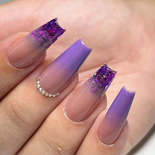 24PCS Cercueil Faux Ongles Moyen Français Violet Brillant Ongles à Coller 12 Tailles Ballerine Acrylique Capsules Ongles à Presser avec Autocollants Adhesif Artificiels Press on Nails pour Femmes