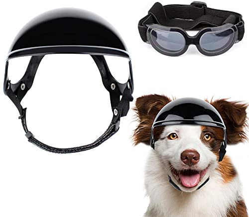 condinggen 2 Stück Haustier Hund Helm Goggles Set, UV-Schutz Sonnenbrille Motorrad Sicherheit Hut mit verstellbarem Gürtel für Augen Kopfschutz für Hunde und Katzen