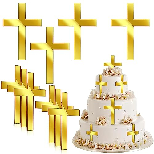 LWAIX Kreuz für Tortendeko Cake Topper Kreuz Gold Tauf Torte Deko Acryl Kuchen Dekoration Taufe 10 x 7cm für Hochzeit Geburtstag Party Kommunion (10STK)