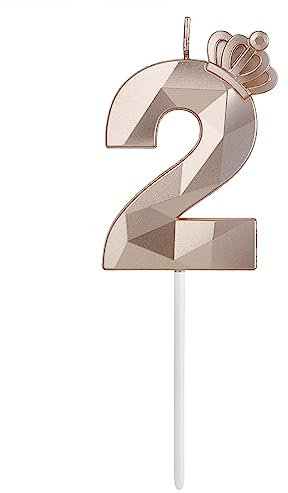Birthday Digital Candles 2, Rose Gold 3D Crown Design Flash Birthday Candles, Birthday Cakes, Wedding Parties, Graduations, etc. (Number 2)