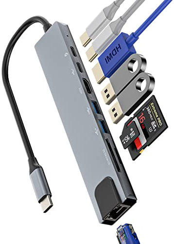 USB C to HDMI Ethernet TF SD Card Reader Type-C Dual USB A Adapter(8in1)Monitor Port Dongle Hub Charger Splitter for TV Display Docking Station Extender Surface HP Apple iPhone15 Pro Max Plus iPad Air