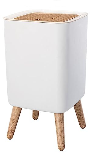 Poubelle Moderne Blanc, Panier à Déchets avec Presse de Couvercle, Style Ins Poubelle Trépied en Bois, Poubelle Imitation Bois, pour Cuisine Salle de Bain Salon Bureau, 21,3x33,2cm