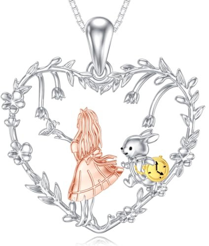 Flpruy Alice im Wunderland Kette Damen 925 Sterling Silber Herz Anhänger Märchen Kaninchen Schmuck Geschenk für Frauen Freundinnen Geburtstag Weihnachten