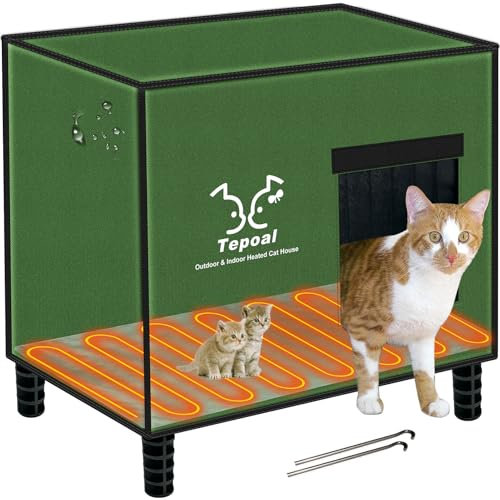 Tepoal Indestructible Large Heated Cat House for Outside Winter, 100% Waterproof & Insulated Outdoor Cat House with Safe Escape Door, Elevated Feral Cat Shelter with Heater for Stray Kitty 20*16*20