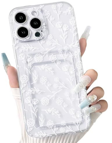 NITITOP Compatible with iPhone 13 Pro Max Case Clear with Card Holder Cute Flower Floral Leave Pattern for Women Girl Soft TPU Shock-absorbing Wallet Case Protective Phone Cover - White