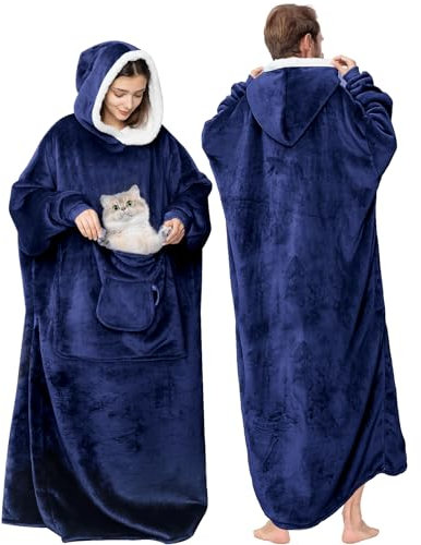 Elaxi Extra Long Oversized Blanket Hoodie, Soft Sherpa Hooded Wearable Blanket with Sleeves, Pockets Fleece Warm Wearable Throw Giant Sweatshirt for Women and Men