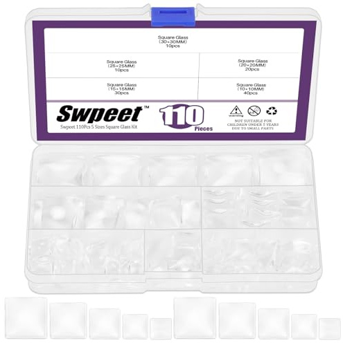 Swpeet Glass Cabochons for Photo Pendant Craft Jewellery Making (N5) 110Pcs 5 Größen Quadratische transparente Glaskuppel Cabochons Fliesen Sortiment Kit, Klarglas Cabochons Fliesen