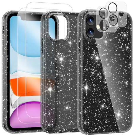 Noyabox for iPhone 11 Clear Glitter Case with 2 Screen Protectors, Sparkling Soft Transparent TPU Bumper Scratch-Resistant for Women and Girls, Black