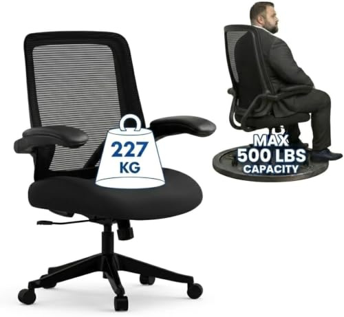 FLEXISPOT BIG MAX Ergonomic Office Chair 227kg, Heavy Duty Mesh Desk Chair with Wide Seat, 90° Flip-Up Armrests & Adjustable Lumbar Support for Home Office