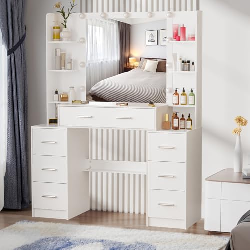 Dradaomull Schminktisch mit Beleuchtung, Schminktisch mit Spiegel, Dressing Table, Vanity Desk für Make Up, 3 Farben mit Einstellbarer Helligkeit, 140 * 110 * 40CM (M92)