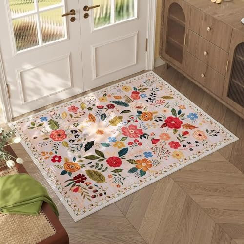 ARRITS Fußmatte Innen 50x80 cm Beige, Blumen Boho Teppich Kleiner, Weicher rutschfest Kurzflor Teppich Waschbar Eingangsteppich für Küche, Haustür, Inneneingang, Eingang, Kinderzimmer