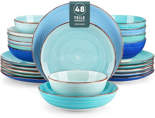 vancasso BONITA Vajillas Completas 48 Piezas per 12 Personas, Vajillas Modernas en Gres, Pintados a Mano - Platos Llanos, Platos de Postre, Platos Hondos y Cuencos - Bleu, Apto para Microondas