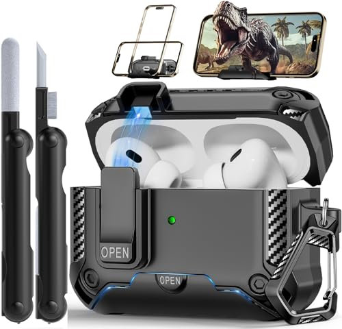 TNSNK Protective Case for AirPods Pro Case, Compatible with AirPods Pro 2nd/1st(2023/2022/2019), Safety Lock Design, for Apple Airpods Pro 2 Case with Clean Pen & Lanyard(Built-in Stand and Magnets)