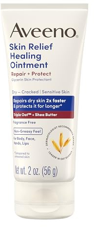 Aveeno Skin Relief Healing Ointment, Repair & Protect Extra Dry, Cracked Skin, Glycerin Protectant with Triple Oat & Shea Butter, Fragrance-Free & Non-Greasy Feel, Travel Size, 2.0 oz