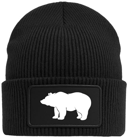 Huuraa Beanie Bär Silhouette Geschenk | Black Geschenkidee Schwarze Rippstrick Wintermütze mit austauschbarem Klett Patch