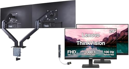 Lenovo ThinkVision 24 FHD IPS Monitor with 4ms Response Time, Anti Glare, Flicker Free, VESA Mount (100mm), Displayport, HDMI & DKZ Hub, Black 2 Pack ErgoFlexy Dual Monitor Mount