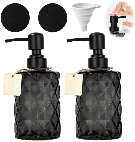 Seifenspender Glas Schwarz, 330ml Soap Dispenser, 2 Stück Spülmittelspender, mit Edelstahl Pumpkopf, Enthält 1 Silikontrichter, 2 Holzschilder und 2 Untersetzer, für Badezimmer und Küche