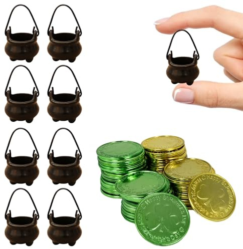 8 Pcs Mini Leprechaun Pot 50 Shamrock Plastic Coins St Patricks Day Decorations,St Patrick's Day Tiny Leprechaun Pot of Gold Bucket,Small Black Pots,Leprechaun Trap Supplies