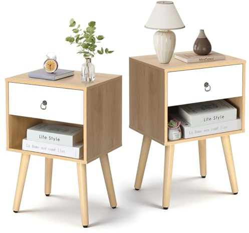 LEADZM Table de Chevet Lot de 2, Tables Basses avec 1 tiroir 1 étagère Ouverte Table d'appoint, Meuble de Nuit, Commode de Nuit, 38 x 30 x 55 cm (2, Chêne&Blanc)