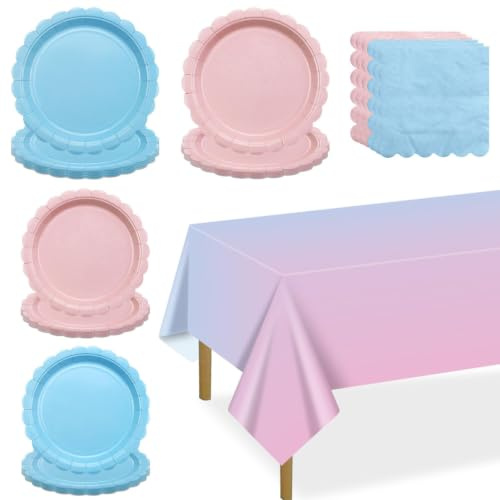 Gender Reveal Party Supplies Set for 20 Guests, Including Pink Blue Tablecloth, Napkins and Plates for Gender Reveal Decorations Baby Shower Boy or Girl Party