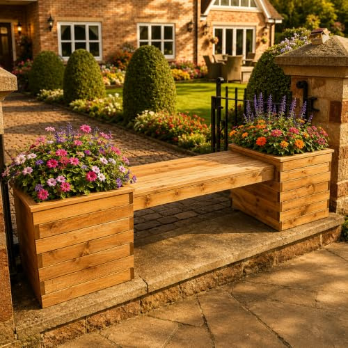 STAFFORDSHIRE OUTDOOR FURNITURE LTD Wooden Planter Bench – Handmade UK Garden Seat with Built-In Planters | Scandinavian Redwood Outdoor Seating for Patio, Flowers & Summer Garden Living