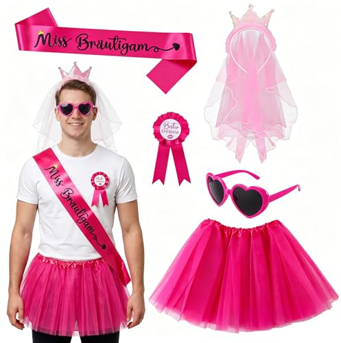 JynxtoyZeal Costume Addio al Celibato, Set di 5pezzi JGA Outfit da uomo, Costume JGA da Uomo con Fascia Miss Sposo, Badge Marito, Velo con Corona di Paillette, Fascia per Capelli e Tutù