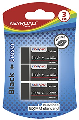 KEYROAD Universal Radiergummi/ Radierer für Bleistift und Buntstift/ 3 Stücke / Schnell Sauber und Fleckig -Frei/ Farbe: Schwarz/ Ideal für Schule und Büro