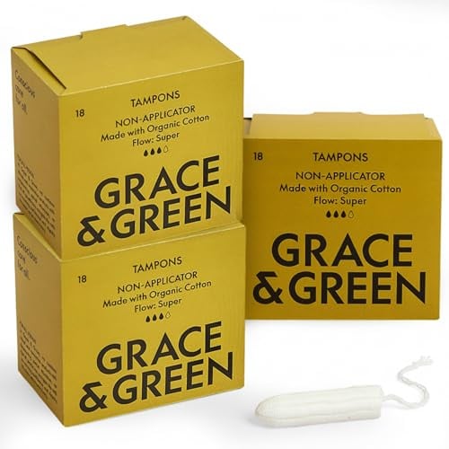 Grace & Green Non-Applicator Tampons, Super Plus Size, 45 Pack | 3 x 15, No Dye, Bleach or Fragrance, 100% Organic Cotton, 8 Grooves, For Very Heavy Flow, Individually Wrapped, Eco-Friendly