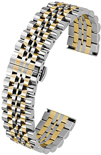 Kai Tian 5 Colors for Flexible Watch Strap Polished 7 Rows 20mm 22mm Stainless Steel Watch Band Quick Release Metal Watch Bracelet Deployment Clasp (22mm, Silver+IP Gold)