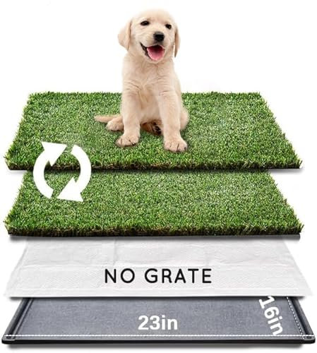 HQ4us Hundegrasunterlage mit Tablett, klein, 58,4 x 40,6 cm, Hundetoilette für Welpen (ohne Gitter) mit 2 × Kunstrasen für Hunde mit gesäumtem Rand, Urinierpads für Hunde, realistisch, weniger Geruch,