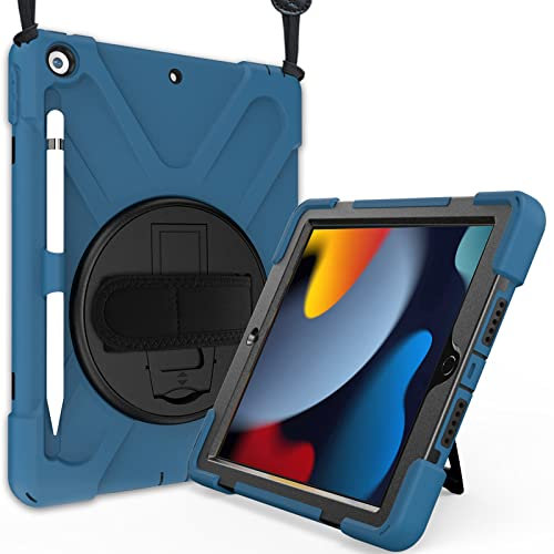 ProCase Hülle mit Stifthalter Gurt Handschlaufe für iPad 10.2 Zoll 2021 9th /2020 8th /2019 7th Gen, Schutzhülle mit Pencil Holder, Stoßfest Robust Case Hybrid Cover -Marokblau