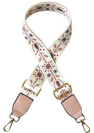 MoreChioce Taschengurt Breit 3.8CM Bunt Schultergurt im Ethno-Stil Damen 80-130CM Verstellbar Tragegurt Schulterriemen Umhängegurt Taschengriffe für Handtaschen DIY Zubehör,Weiß Braun Blume + Rosa