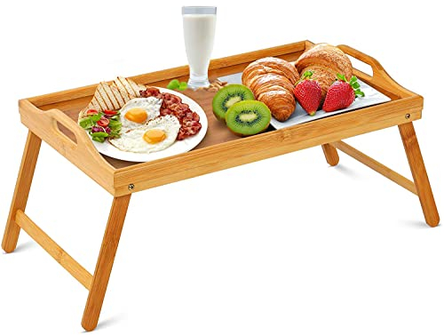 Mantraraj Wooden Bamboo Food Serving TV Tray With Handles Portble And Folding Legs Dinner Breakfast Lap Table Mat For Sofa And Bed - 50x30cm
