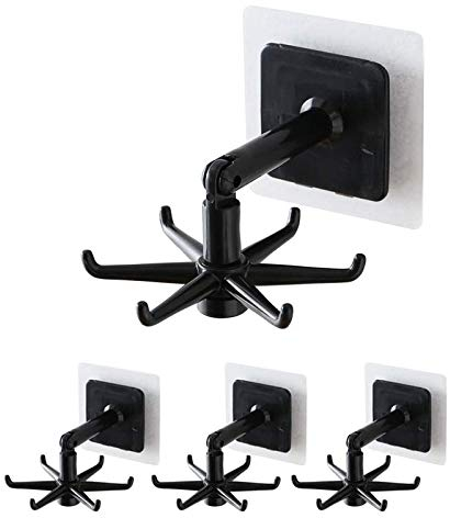 VIVLLEN 4 Stück 360 ° Drehbarer Klapphaken, Küche Nagelfrei Drehbares Regal, Organizer, Wandmontage, Küchenhelfer Hängeregal (Schwarz)