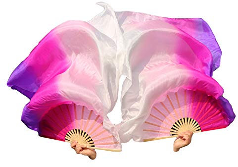 Winged Sirenny 110cm Kindergröße Fächerschleier Voi Paar, Fächer-Poi aus Echte Seide, Orientalischer Tanz Zubehör (weiß-rosa-lila)