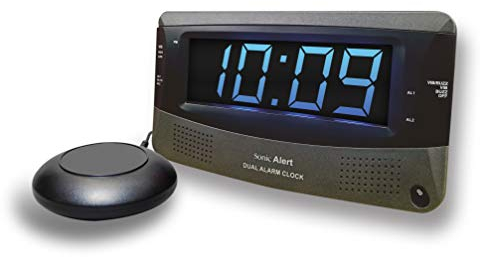 Sonic Alert Dual Extra lauter Wecker mit Bettshaker, Sonic Boom Vibrationsalarm für Schwerschläfer, Batterie-Backup | Wach mit einem Schütteln