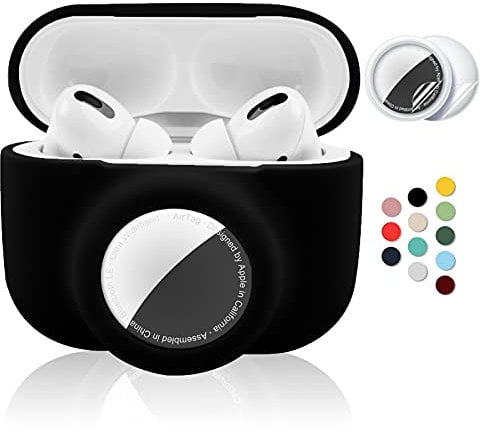 2 in 1 Protective Case for Apple AirPods Pro Air Tag Holder Combo, Soft Silicone Airpods Pro AirTag Case with 2 PCS Screen Protector, Anti-Scratch Anti-Fall Anti-Lost Shockproof Durable(Black)