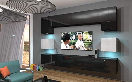 Furnitech Wohnwand Mit LED RGB – 16 Farben, Hängend Moderner Schrankwand Mit Regalen Und TV-Schrank (Nowara AN1-17BW-HG22 1A)