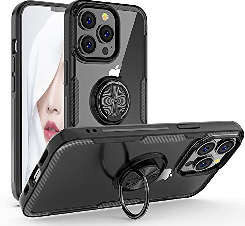 WATACHE Compatible with iPhone 13 Pro Max Case,Full Body Heavy Crystal Clear Protective Anti-Scratch Shockproof Case [Work with Magnetic Car Mount] with Ring Holder Stand for iPhone 13 Pro Max,Black