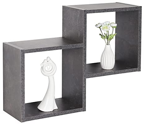 RICOO Wandregal 58 x 44 x 18 Grau Beton Optik, Spanplatte aus Holz, Würfel Hängereral WM026-BG, Regal Wand, Bücherregal Bilderregal Fotoregal Küchenregal Wandboard Würfelregal Schweberegal