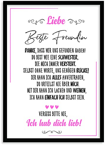 Urhome Kunstdruck Beste Freundin mit Bilderrahmen Schwarz in DIN A4 - Ich hab dich lieb Wandbild Poster Wanddeko mit Spruch für Wohnung Familie Freunde Geschenk Geburtstag