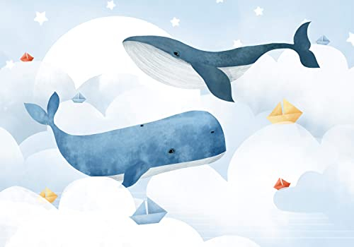 decomonkey Fototapete selbstklebend Kinder 245x175 cm XL Selbstklebende Tapeten Wand Fototapeten Tapete Wandtapete klebend Klebefolie Deko Modern Kinderzimmer Walfisch Tiere Fisch Meer Schiff blau