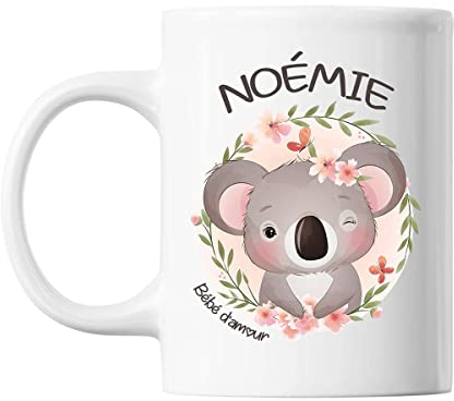 Planetee Mug Noémie Bébé d'amour Koala | Tasse prénom idée cadeau Humour Mignon pour enfant fille | Imprimé en France