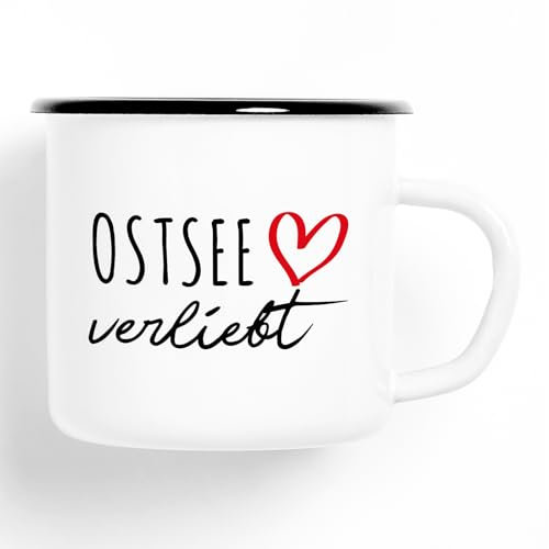 huuraa Emaille Tasse Ostsee verliebt Geschenk Kaffeebecher Vintage 300ml Ostsee Geschenkidee