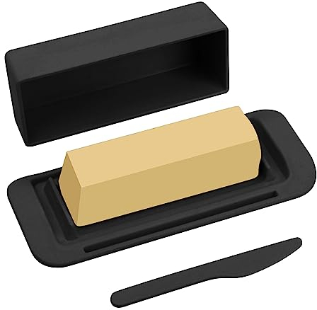 Bamboo Butter Dish with Lid and Knife,Small Butter Keeper for One Stick of Butter,Butter Holder Container for Refrigerator,Countertop,Dishwasher Safe Butter Crock for Kitchen & Fridge,Black