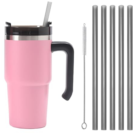Moollyfox Mug Isotherme avec Poignée Couvercle Brosse et 5 Pailles Tasse à Café Acier Inoxydable sans BPA Double Isolée Gobelet Isotherme pour Eau, Café, Smoothie et Boissons Rose 20oz/600ml