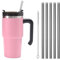 Moollyfox Mug Isotherme avec Poignée Couvercle Brosse et 5 Pailles Tasse à Café Acier Inoxydable sans BPA Double Isolée Gobelet Isotherme pour Eau, Café, Smoothie et Boissons Rose 20oz/600ml